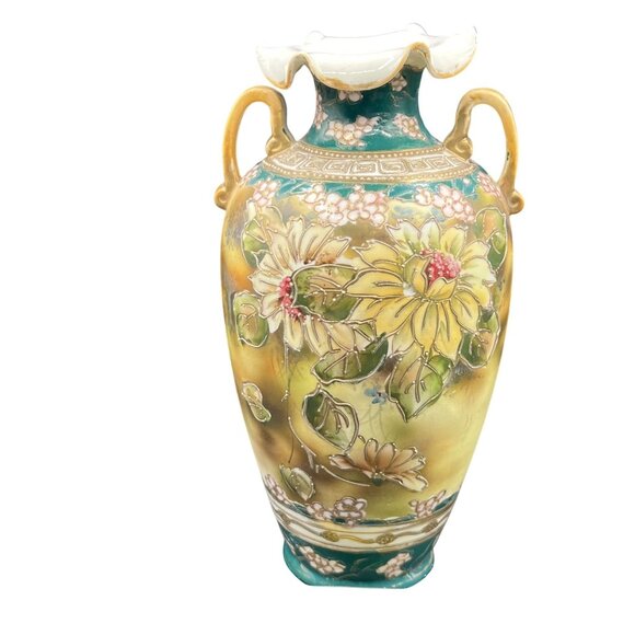 Nippon Rare Antique Hand Painted Floral Two Handed Vase Ruffled Rim 3D Bloomcore - Picture 12 of 15